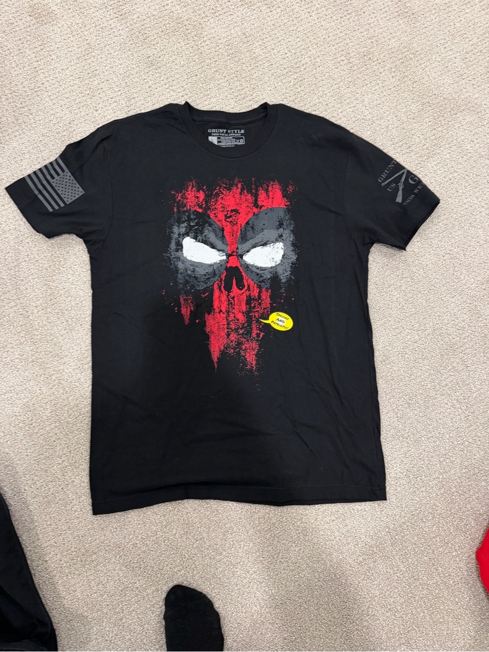 Grunt Style Black Tee with Red & White Skull Graphic